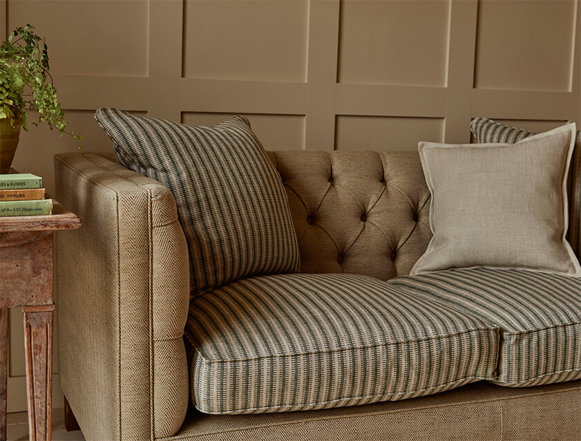 Haresfield 3 seater sofa in Whernside Spring Grass and Spill Resistant Stockport Stripe Hunter